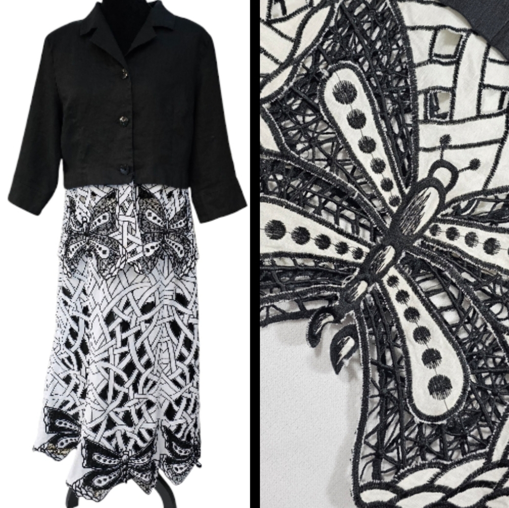 Linen Cutwork 2 Piece Jacket And Skirt Set SZ 14 Butterfly J Song Vintage